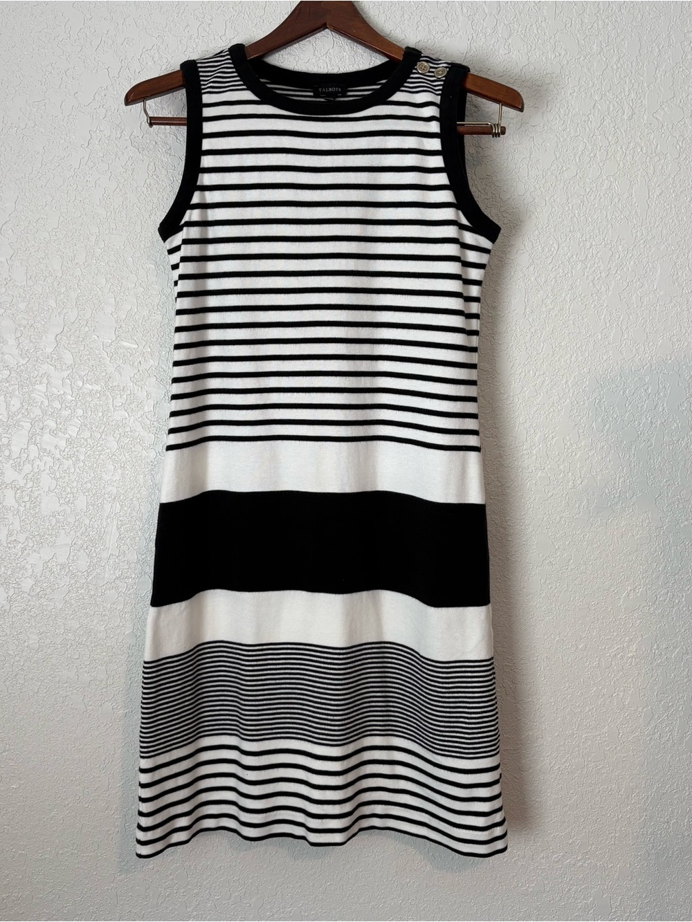 Talbots Black and White Striped Sleeveless Shift Dress with Button Detail